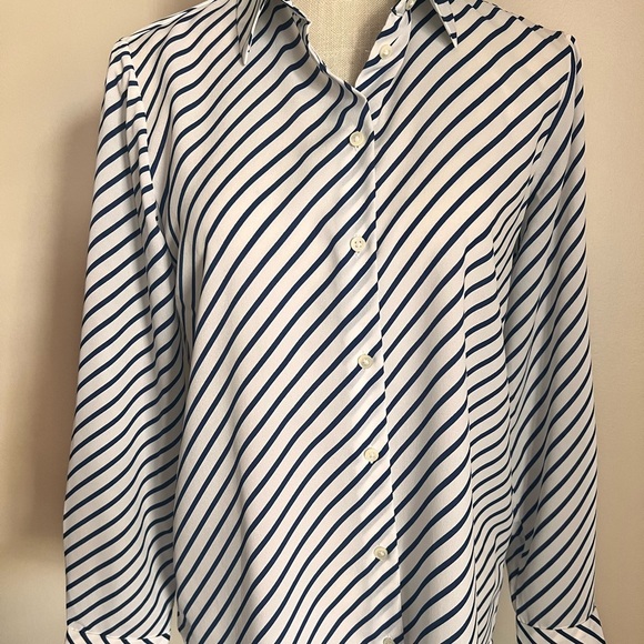 Long -sleeved navy blue striped formal blouse - Picture 2 of 8